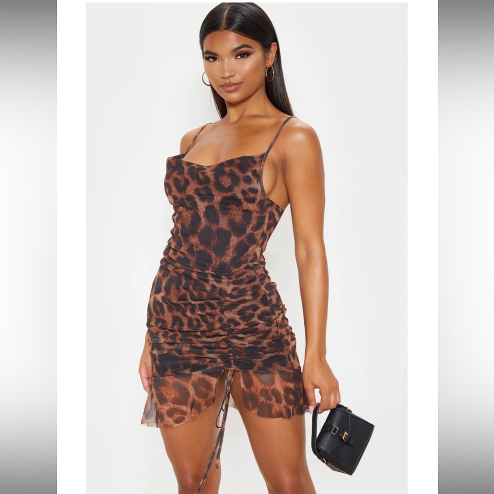 Brown Mesh Leopard Print Ruched Bodycon Dress